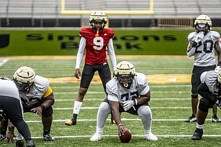 UAPB quarterback Mekhi Hagens (9) awaits the snap during the Golden Lions' second spring football scrimmage Saturday at Simmons Bank Field in Pine Bluff. (Special to the Commercial/UAPB athletics)